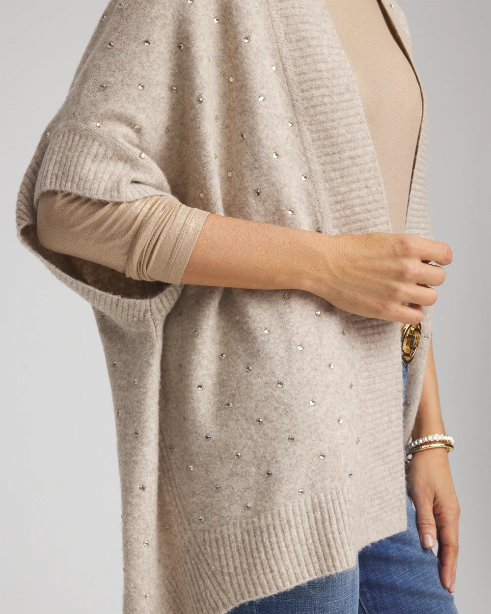 Neutral Embellished Cocoon Ruana