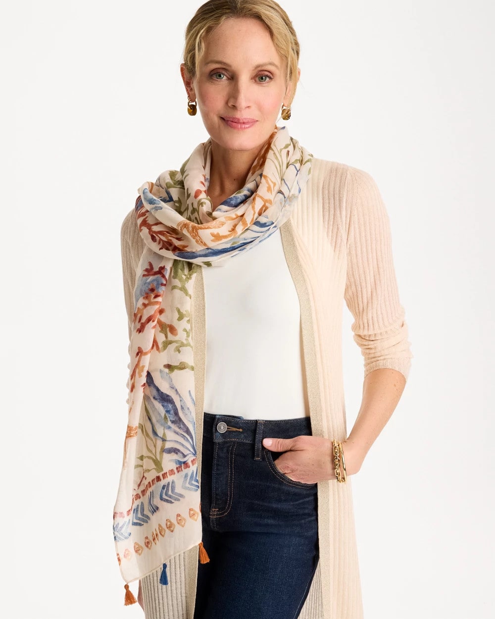 Olive Sea Life Tassel Oblong Scarf