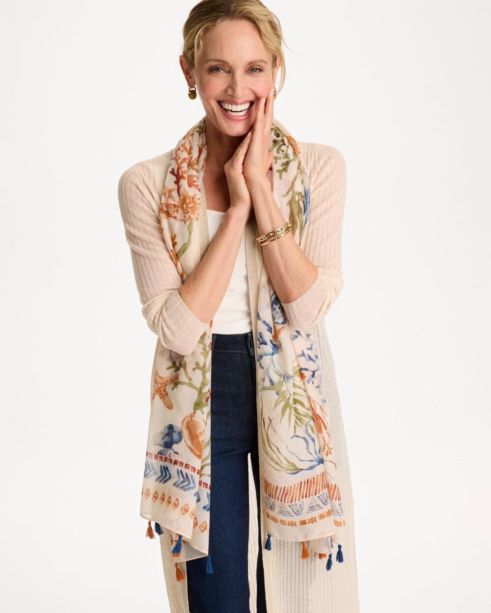 Olive Sea Life Tassel Oblong Scarf