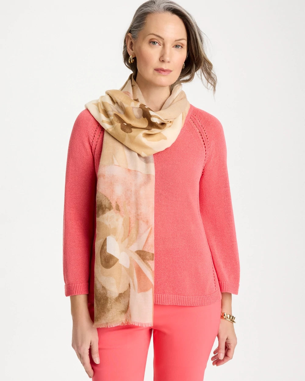 Neutral Neutral Floral Oblong Scarf