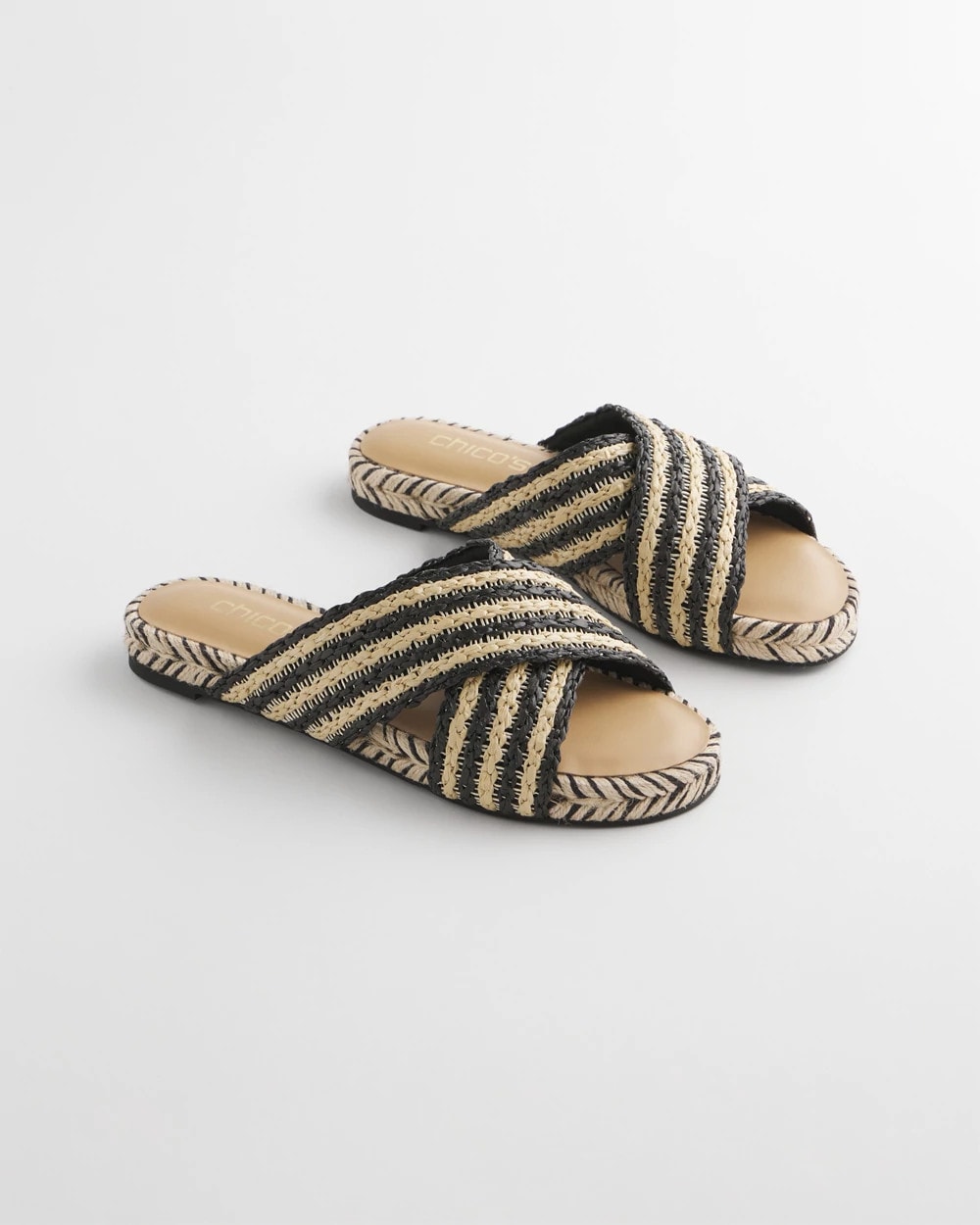 Black Raffia Striped Raffia Cross-Strap Slide Sandal