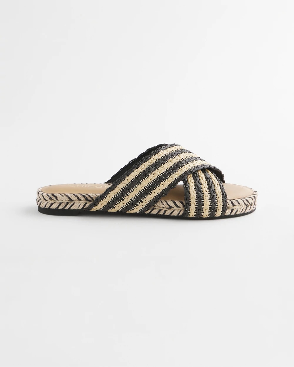Black Raffia Striped Raffia Cross-Strap Slide Sandal