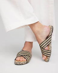 Black Raffia Striped Raffia Cross-Strap Slide Sandal