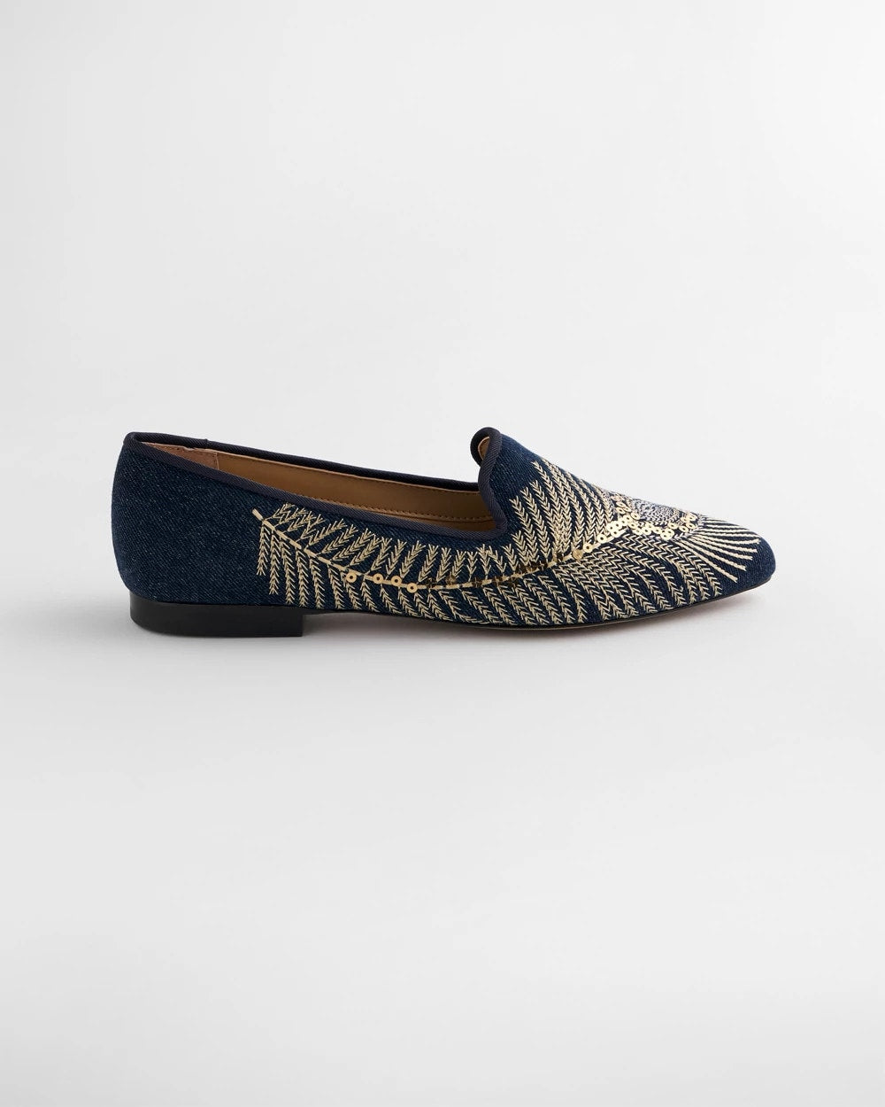 Denim Peacock Embroidered Flats