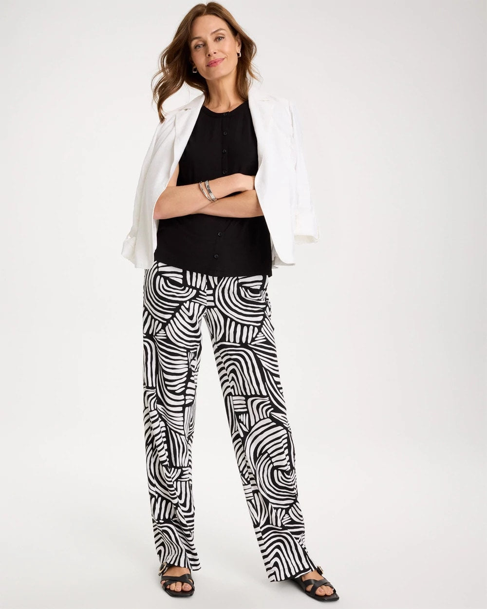 Alabaster Geo Pull-On Wide-Leg Linen Pants