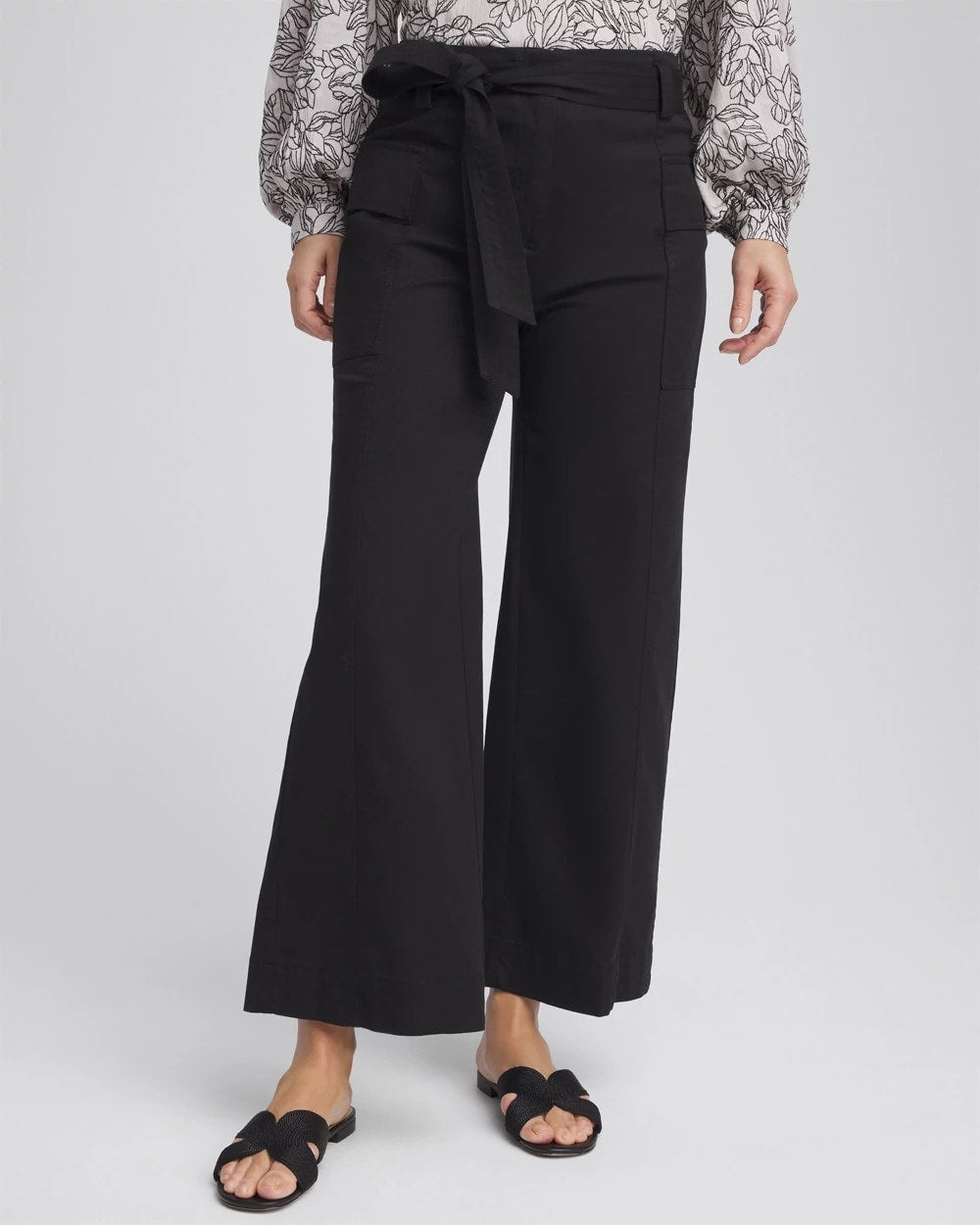 Black Belted Twill Utility Cropped Pants