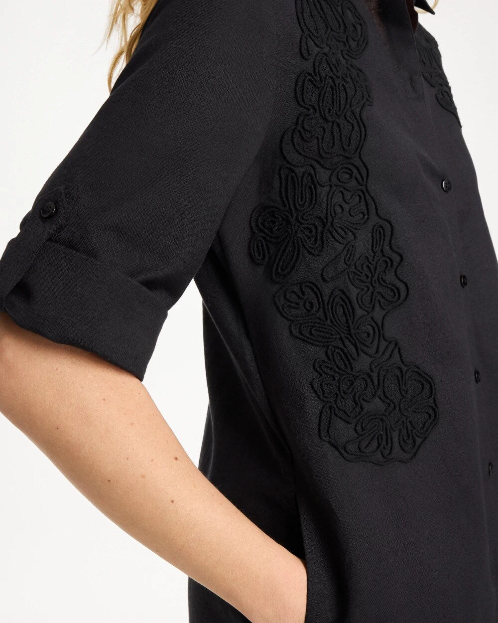 Black Embellished Linen-Cotton Shirtdress