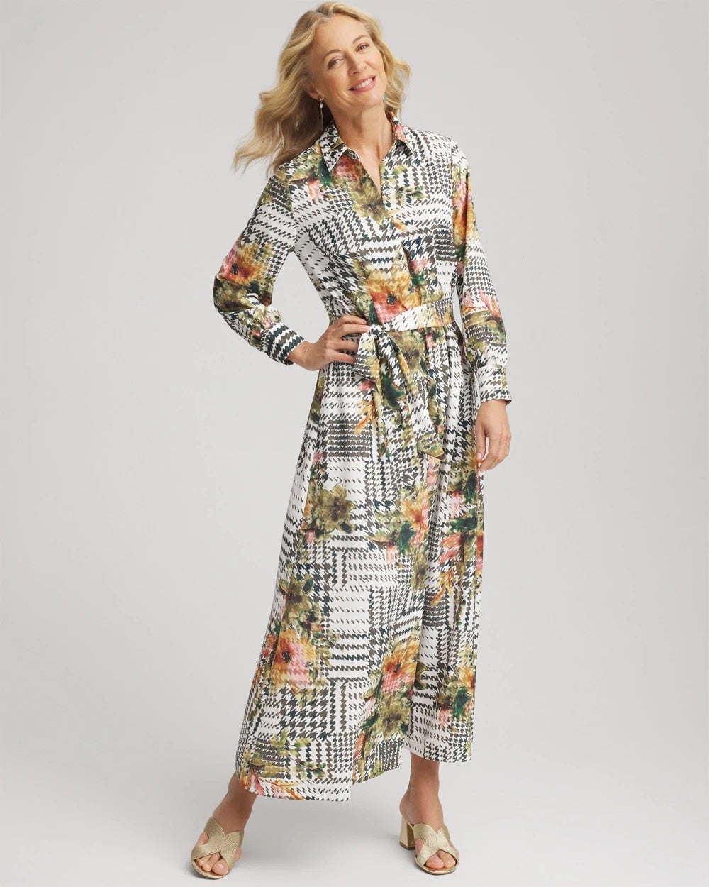 Ecru Artisanal Floral Print  Maxi Shirtdress