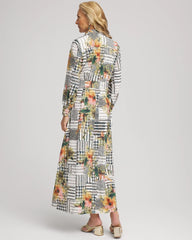 Ecru Artisanal Floral Print  Maxi Shirtdress