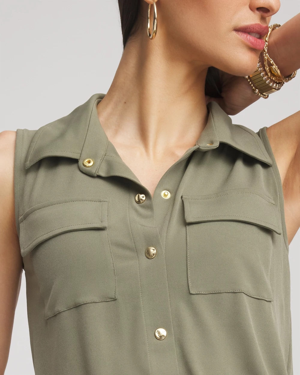 Dusty Olive Travelers™ Knit Sleeveless Shirtdress
