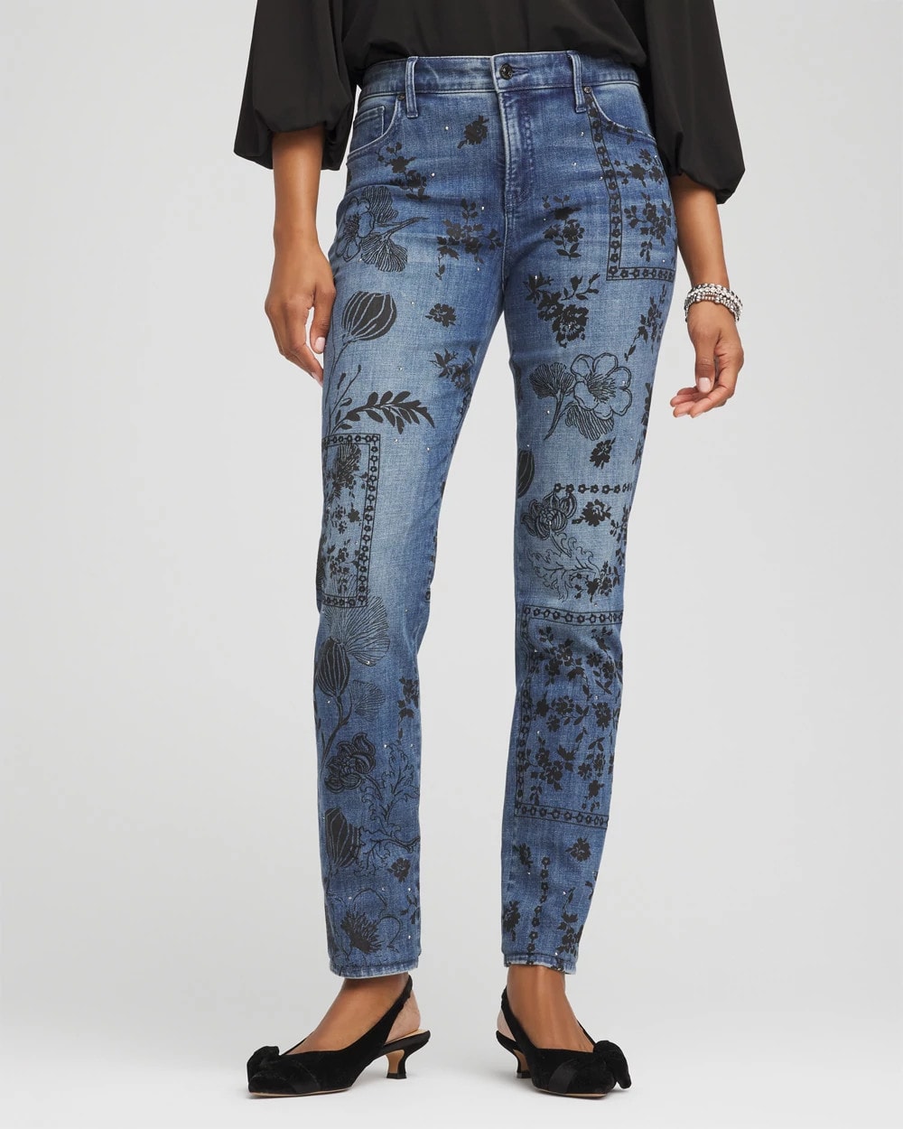 Emilia Indigo Mixed-Media Girlfriend Slim Ankle Jeans