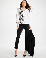 Black Printed Cotton Stretch 3/4 Sleeve Tee