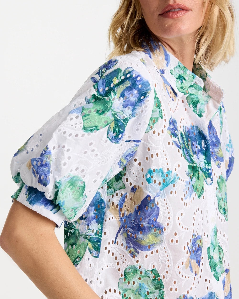 Passport Blue Floral Paisley Eyelet Blouse
