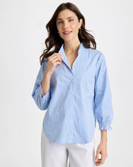 Tidal Blue Striped Poplin Ruffle Neck Shirt