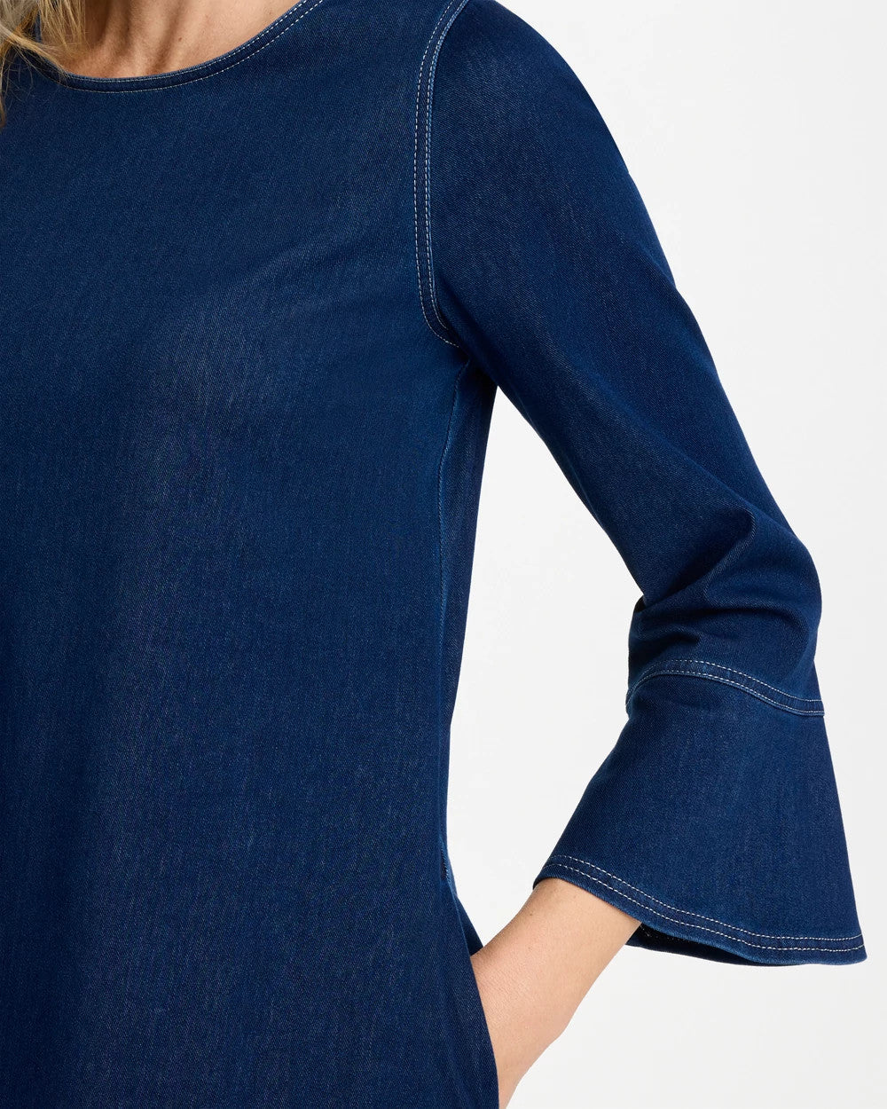 Indigo Bell Sleeve Knit Denim Dress