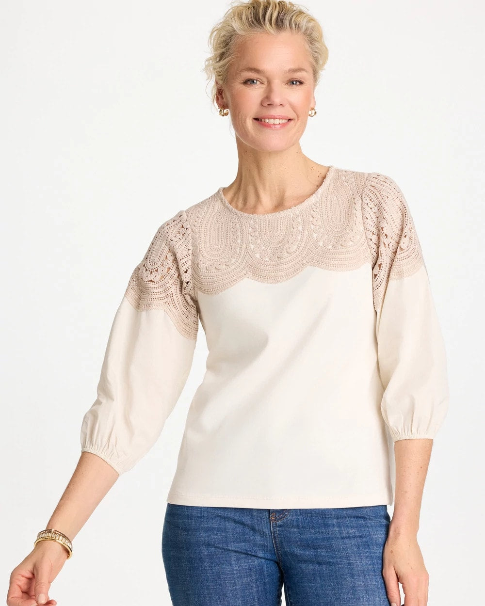 Ecru Lace Crochet Sleeve Tee