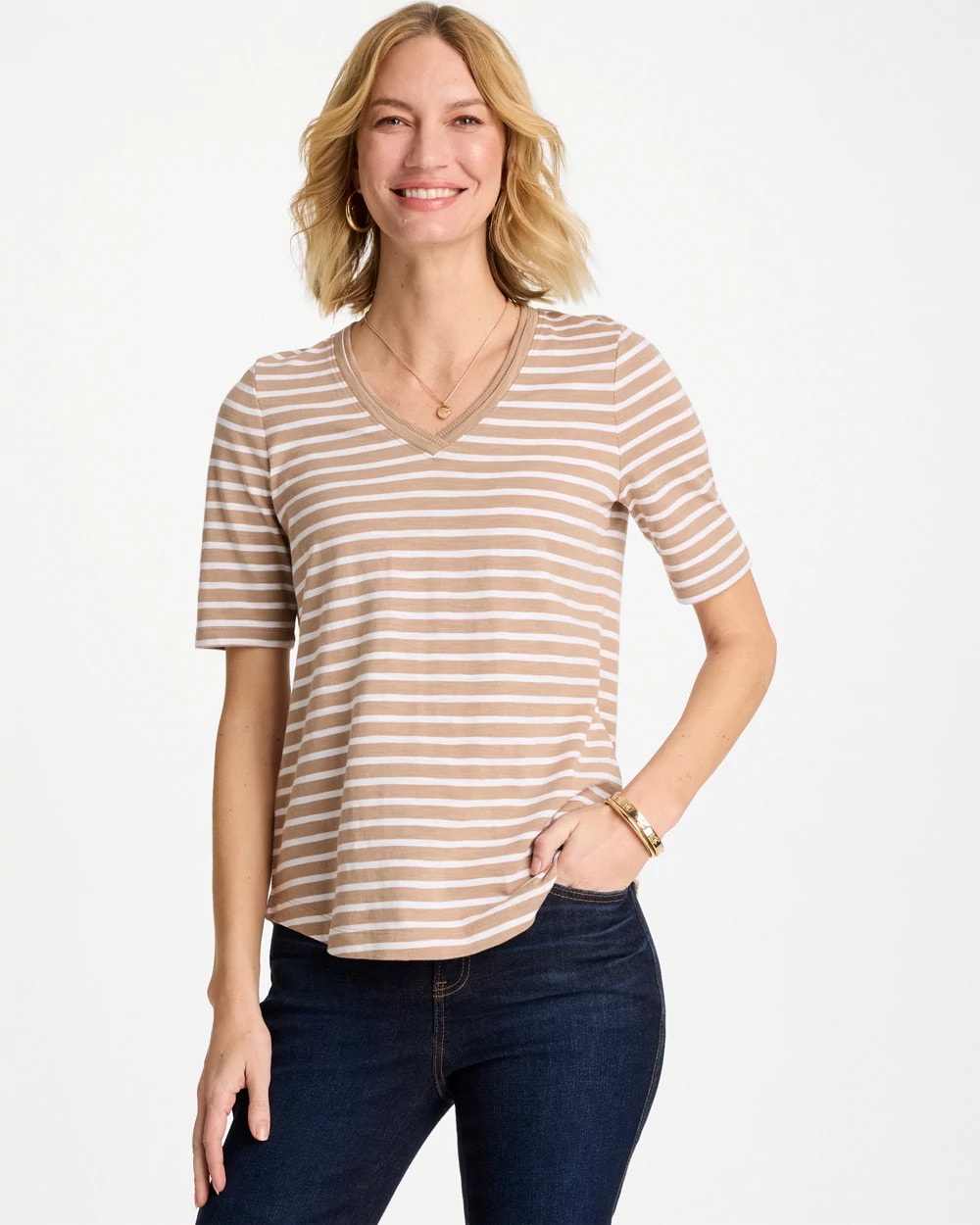 Cattail Brown Striped Cotton Slub V-Neck Tee