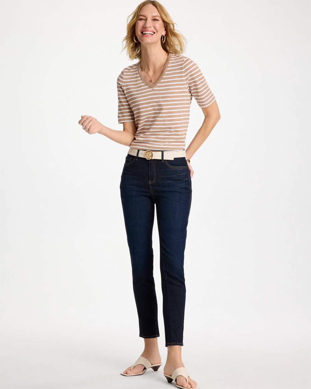 Cattail Brown Striped Cotton Slub V-Neck Tee