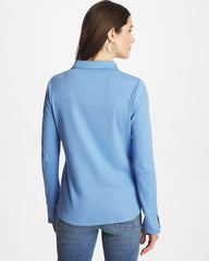 Tidal Blue Knit Woven Mix Rib Henley