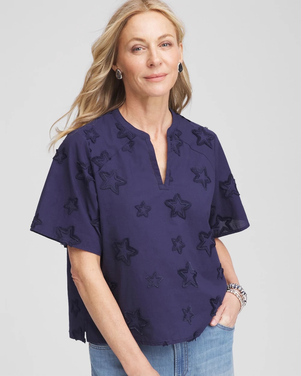 Passport Blue Embroidered Star Split Neck Blouse