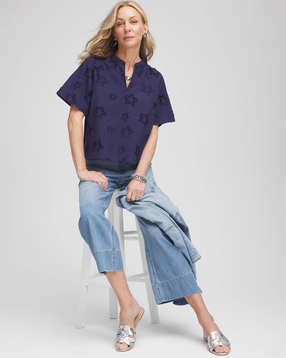 Passport Blue Embroidered Star Split Neck Blouse