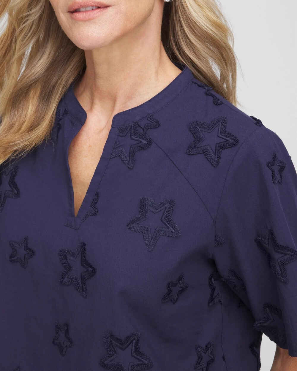 Passport Blue Embroidered Star Split Neck Blouse