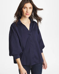 Passport Blue Poplin Billow Sleeve Blouse