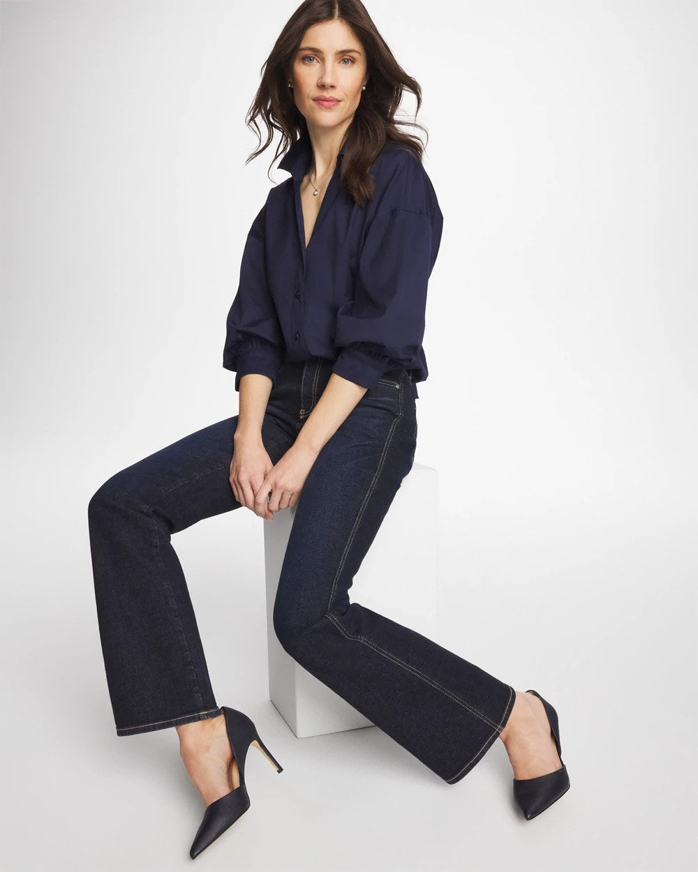 Passport Blue Poplin Billow Sleeve Blouse