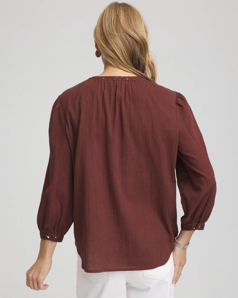 Cacao Embroidered Crinkle-Cotton Blouse