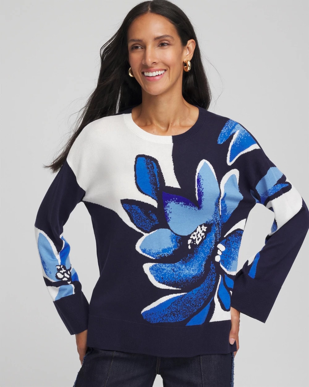 Tidal Blue Floral Intarsia Crewneck Pullover
