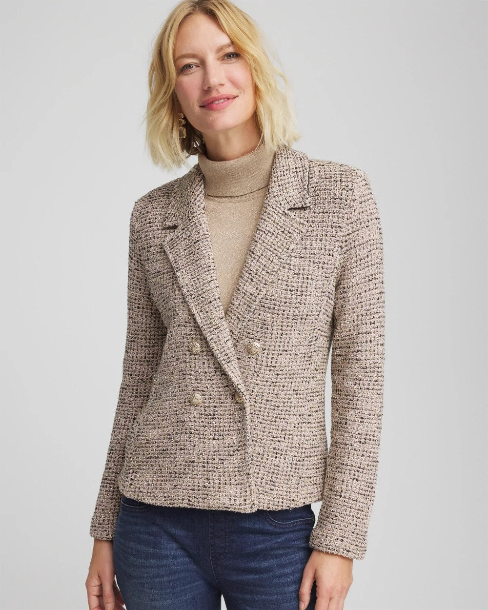 Smokey Taupe Double Breasted Tweed Blazer