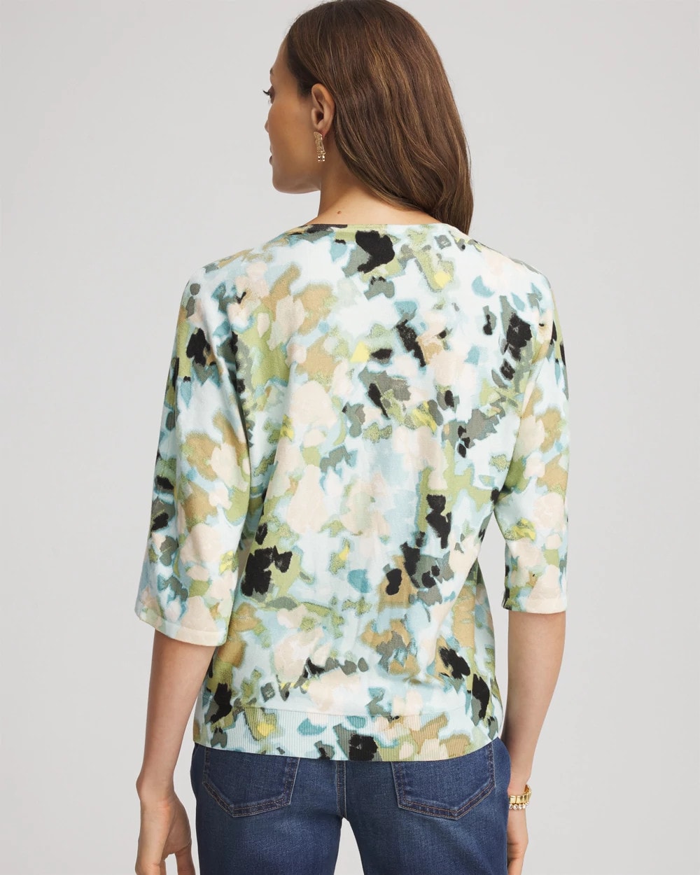 Blue Menthe Printed Dolman V-Neck Pullover Sweater