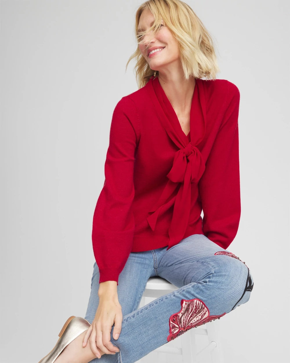 Carmine Red Bow-Detailed Sweater