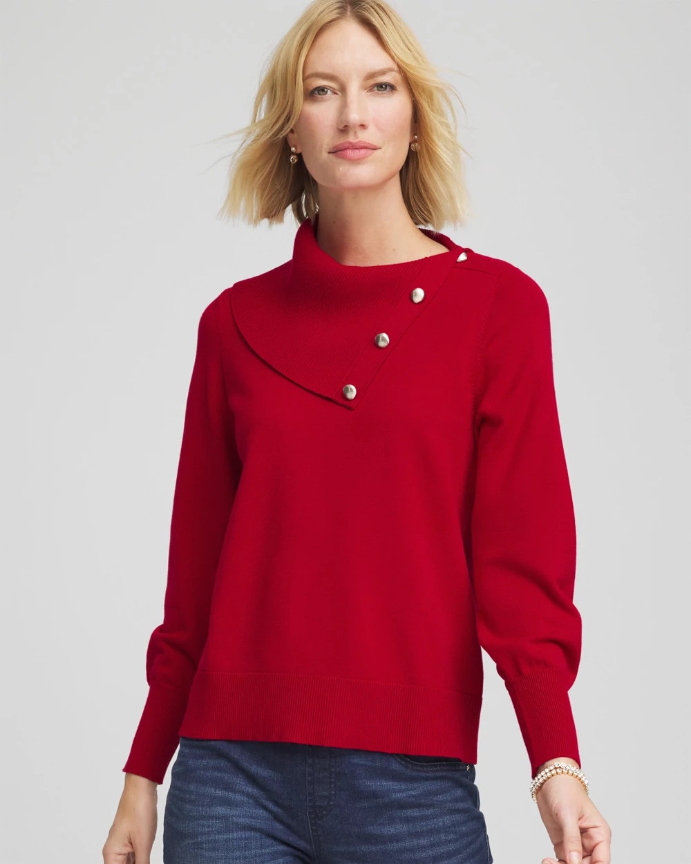 Carmine Red Button Envelope Neck Sweater