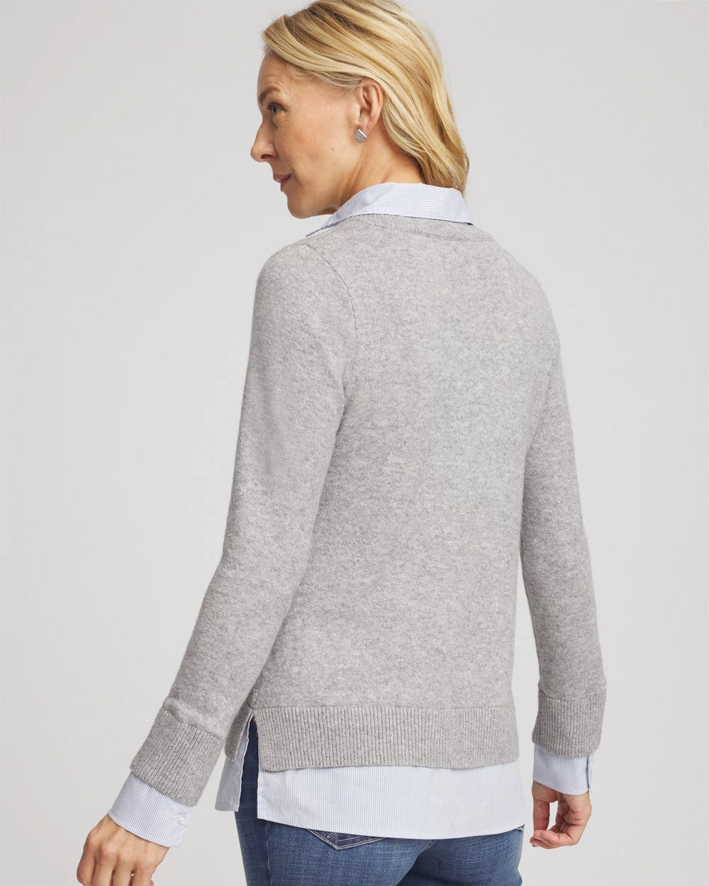 Gray Sequin Built-In Shirt Knit Sweater