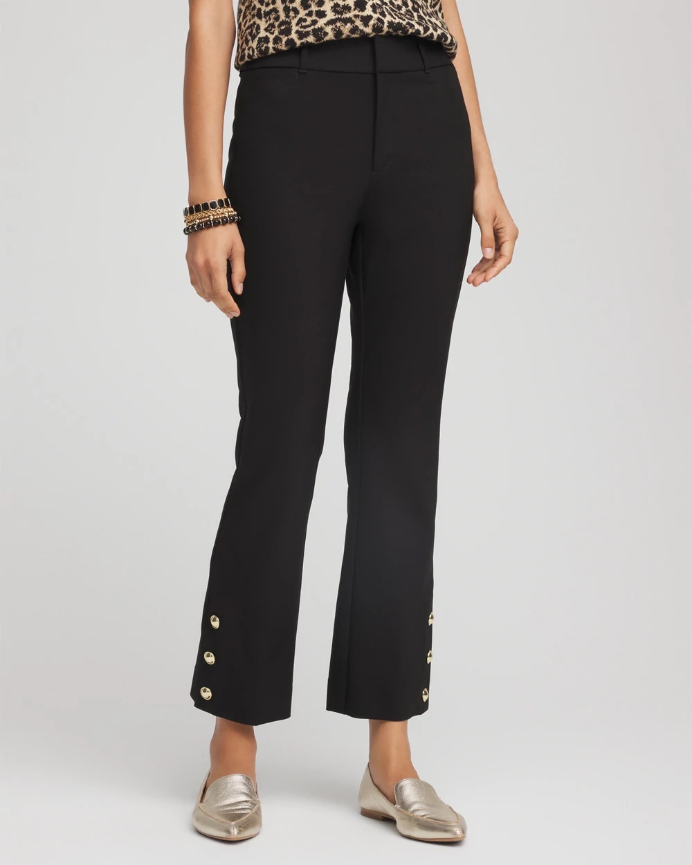 Black Bi-Stretch Flared Button-Hem Cropped Pants