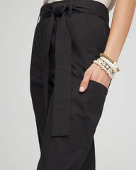 Black Poplin Pull-On Tapered-Leg Cropped Pants