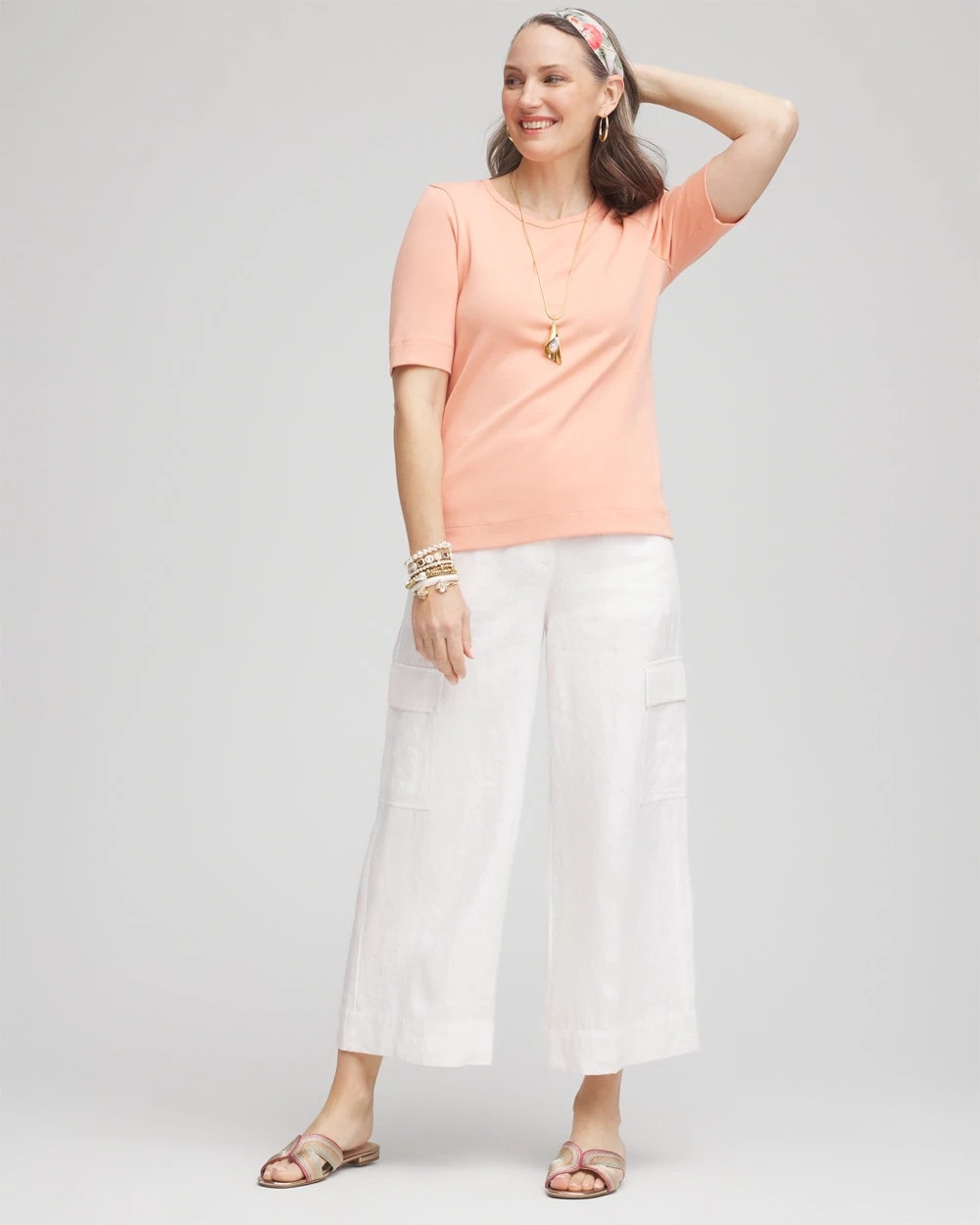 Alabaster Linen Cargo Wide-Leg Cropped Pants