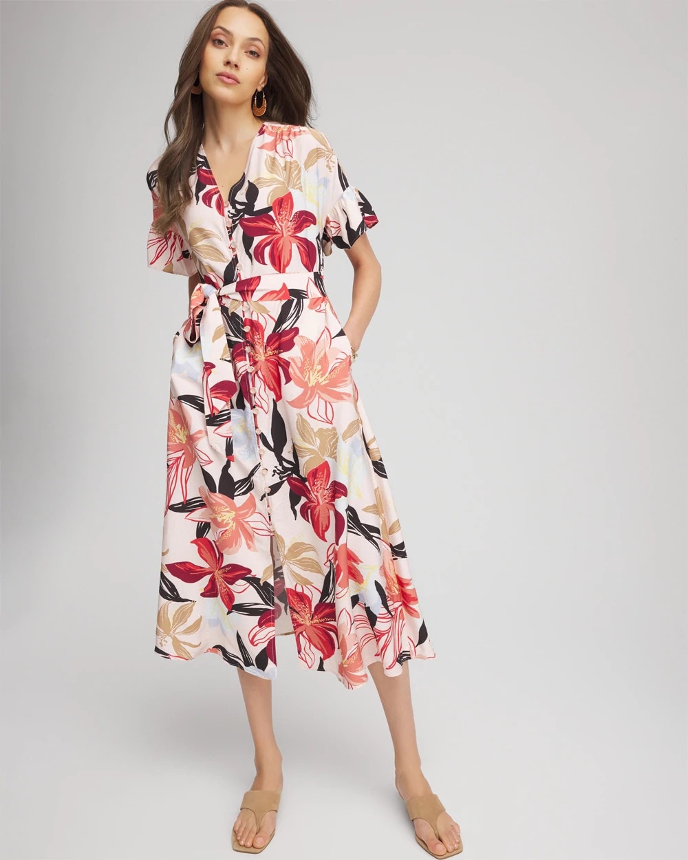 Multi Tonal Floral Ruffle-Sleeved Midi Dress