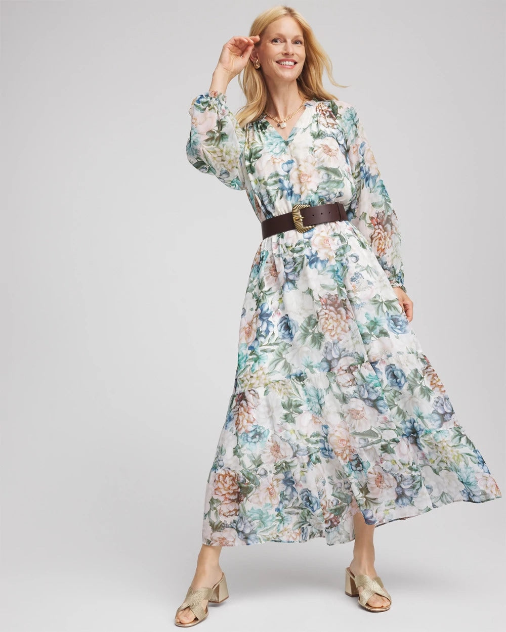 Ecru Georgette Tie-Front Maxi Dress