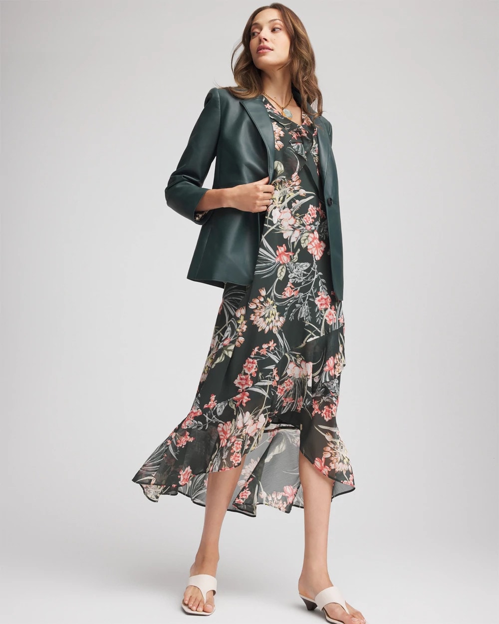 Darkest Spruce Floral Ruffle-Trim Chiffon Dress
