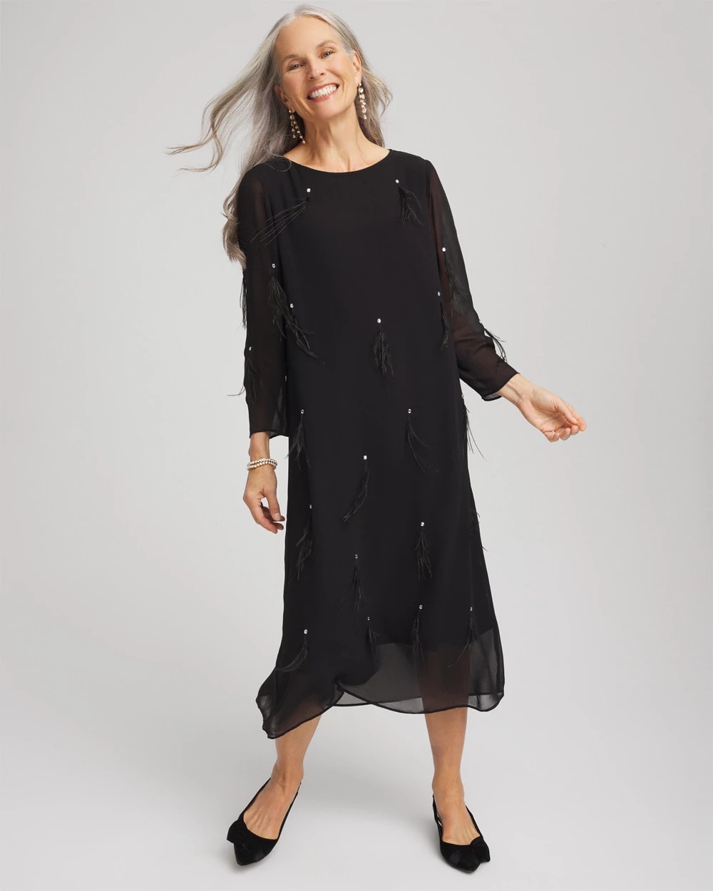 Black Feathered Georgette Popover Dress