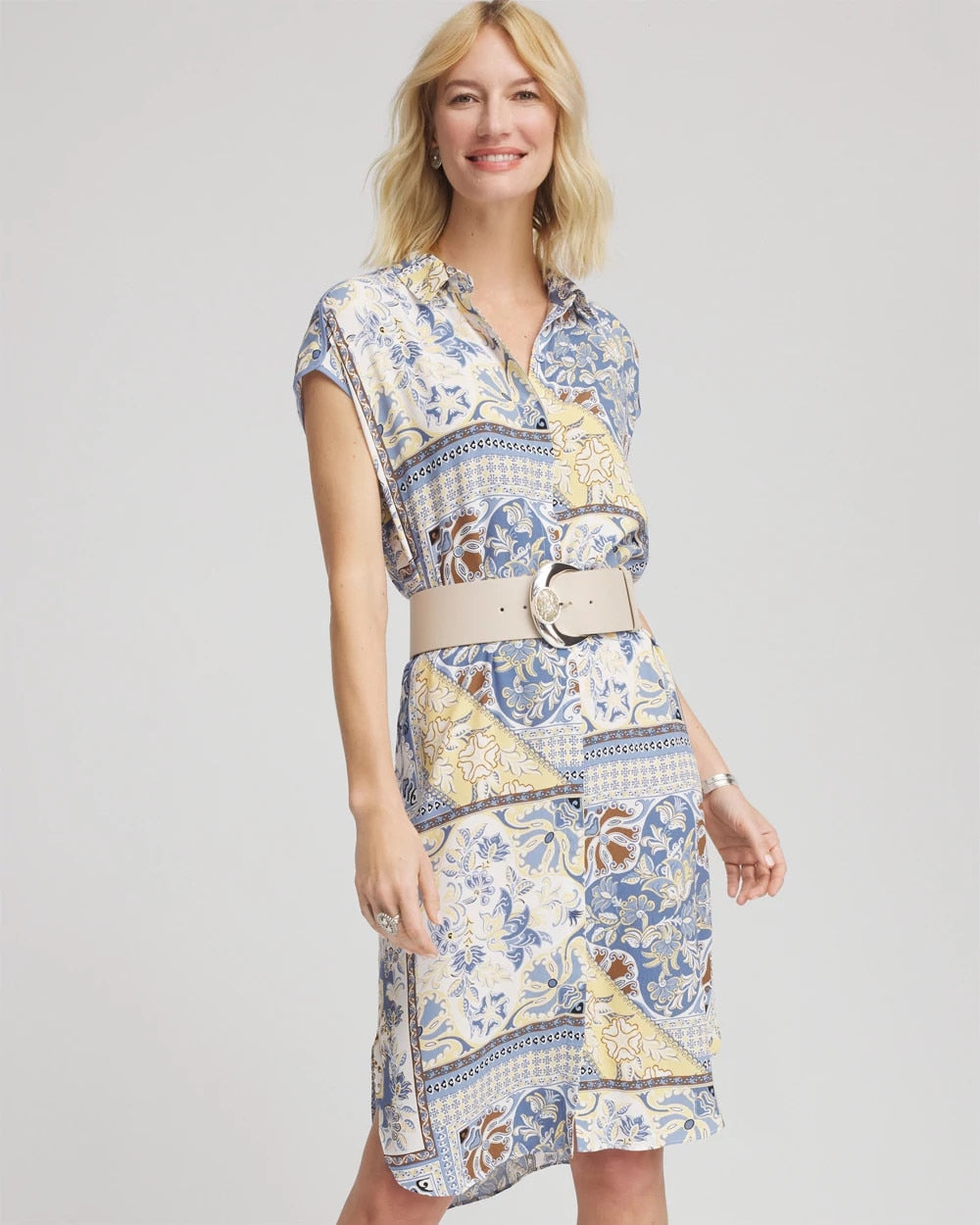 Ecru Floral Patchwork Short Shirtdress