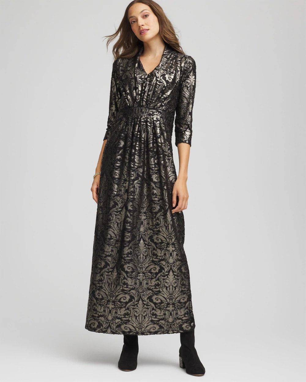 Black Foiled Knit Pleated Maxi Dress