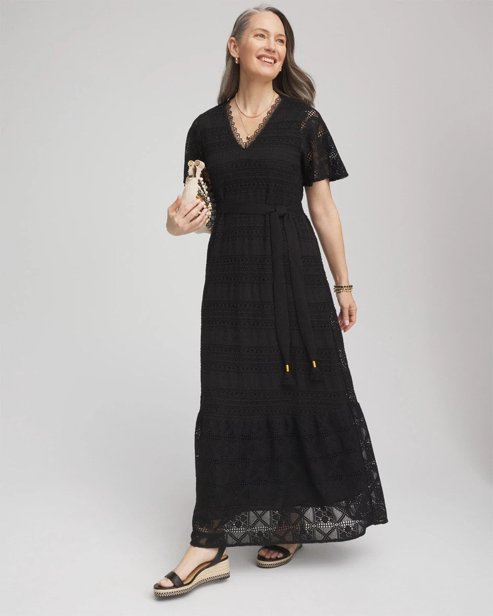 Black Petite Crochet-Lace Maxi Dress