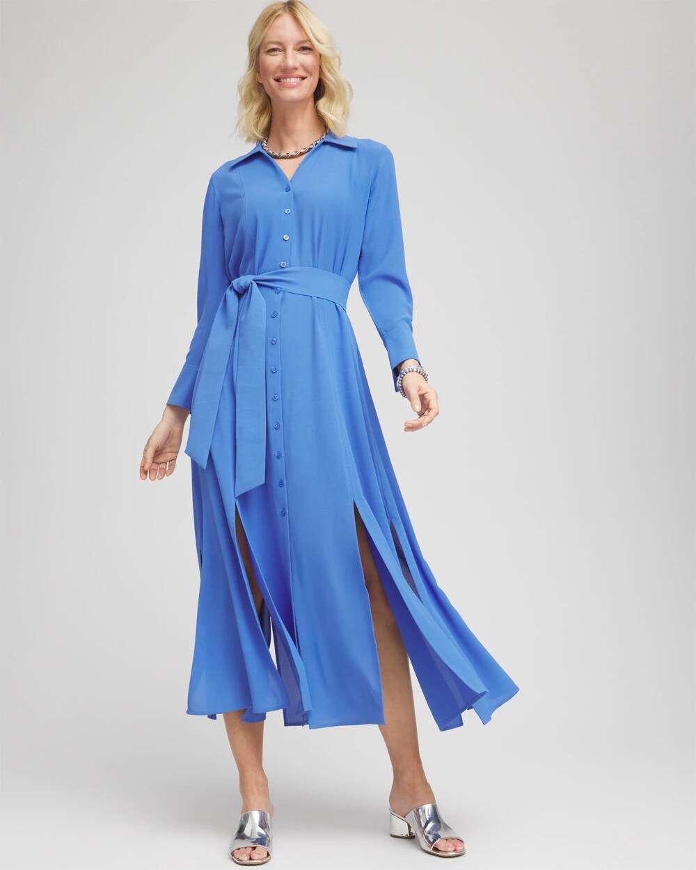 Blue Pearl Belted Split Hem Maxi Shirtdress