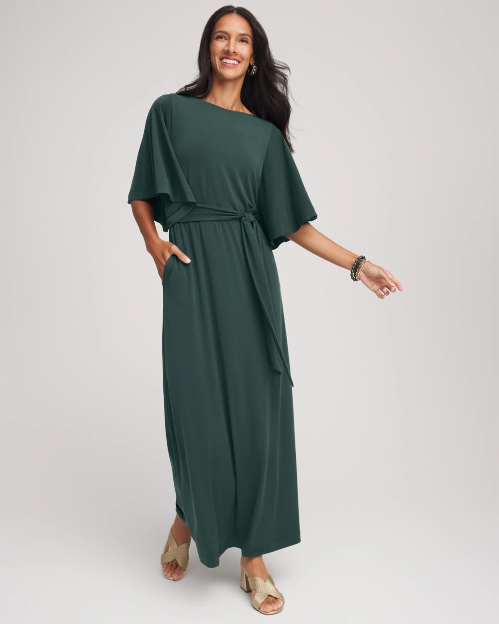 Darkest Spruce Belted Flutter-Sleeve Maxi Dress