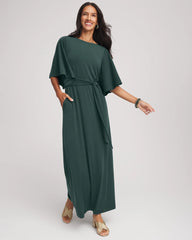 Darkest Spruce Belted Flutter-Sleeve Maxi Dress