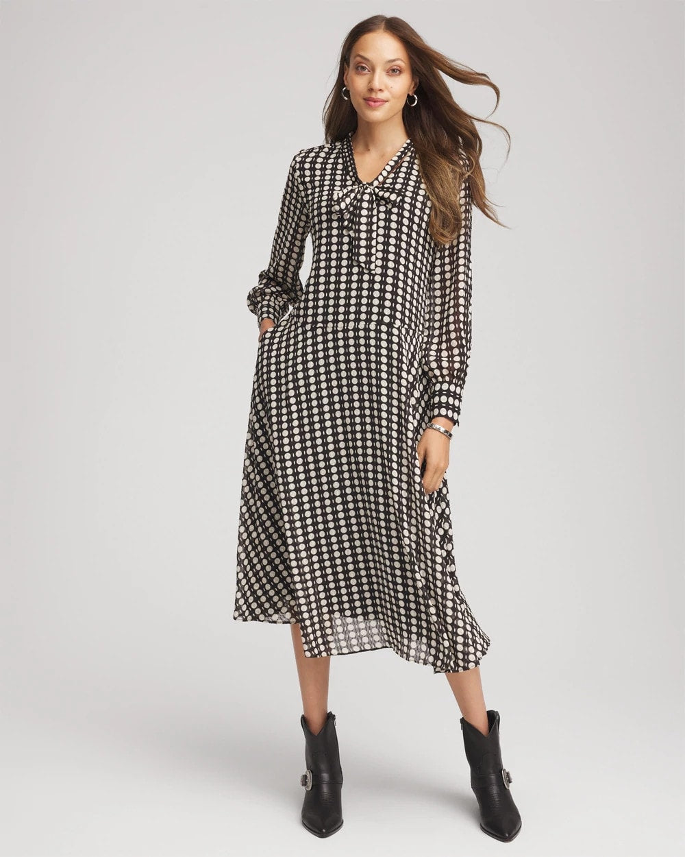 Black Chiffon Clip-Dot Tie-Neck Dress