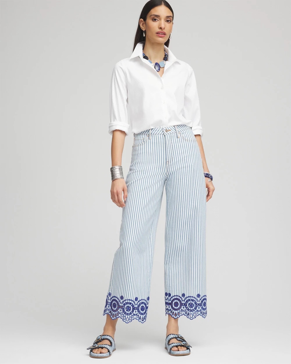 Blue Eyelet High-Rise Wide Cropped Jeans